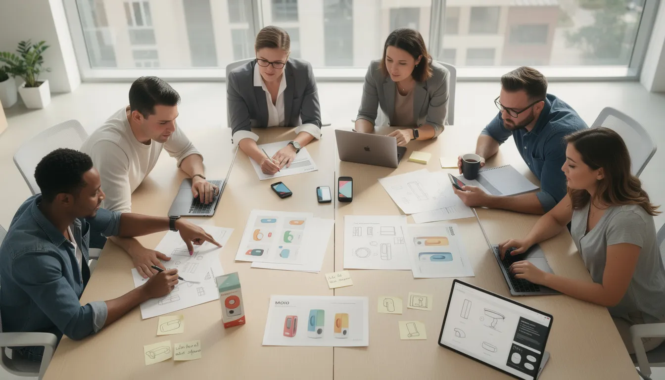 A diverse team of people is collaborating around a table, reviewing design documents and prototypes, while brainstorming creative ideas for their project. This collaborative environment is essential for crafting custom inflatables that draw attention and make a powerful statement for their brand.