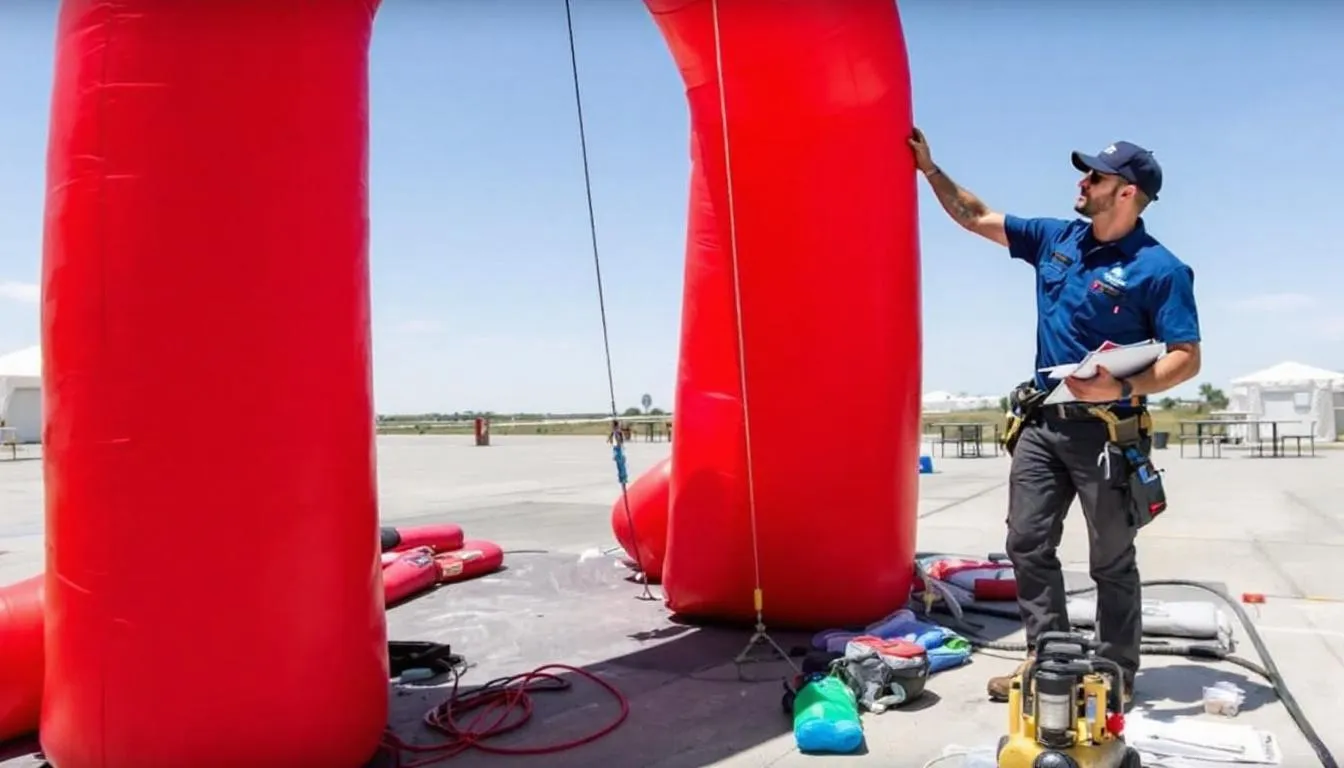 A technician is setting up a large custom inflatable arch, ensuring it is properly anchored for stability. This inflatable structure is designed to attract attention and promote a brand at events, serving as an effective tool for advertising and customer engagement.