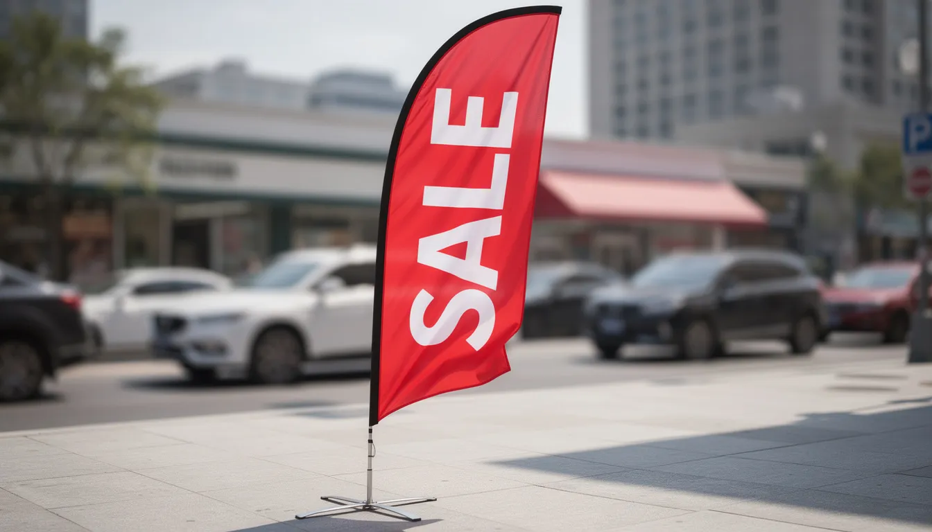 A vibrant feather flag promoting a sale is displayed on the street, featuring double-sided printing for maximum visibility. The flag, designed for outdoor use, showcases bold colors and graphics that attract customers, making it an effective promotional tool for any business.