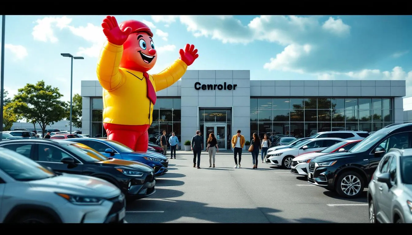 An air dancer is waving enthusiastically outside a car dealership lot, attracting the attention of potential customers walking nearby. This custom inflatable serves as a lively form of promotion, enhancing the dealership’s visibility and inviting shoppers to explore their offerings.