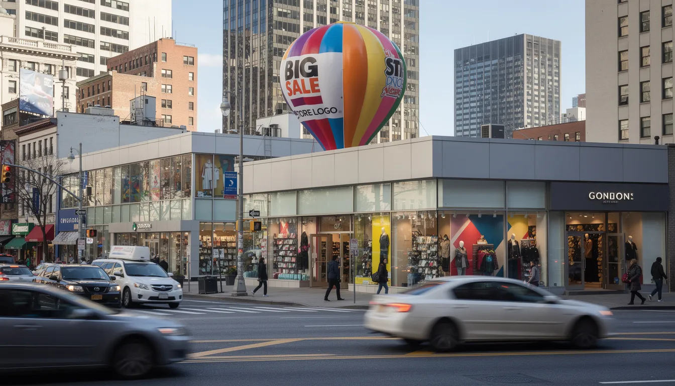 The image depicts a busy retail street with a large hot air shape advertising balloon featuring a logo and sale sign prominently displayed on top of a store. This eye-catching inflatable serves as a cost-effective marketing strategy to boost brand awareness and attract foot traffic from both cars and pedestrians.