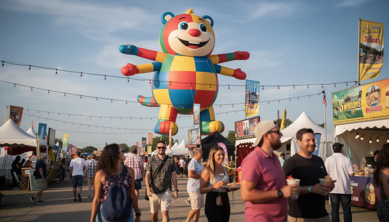 A giant, colorful inflatable mascot character stands prominently at an outdoor festival, surrounded by crowds of people walking by, creating a fun and eye-catching focal point that boosts brand awareness and attracts potential customers. This inflatable advertising strategy offers high visibility and a memorable brand message, making it an effective marketing tool for event organizers.